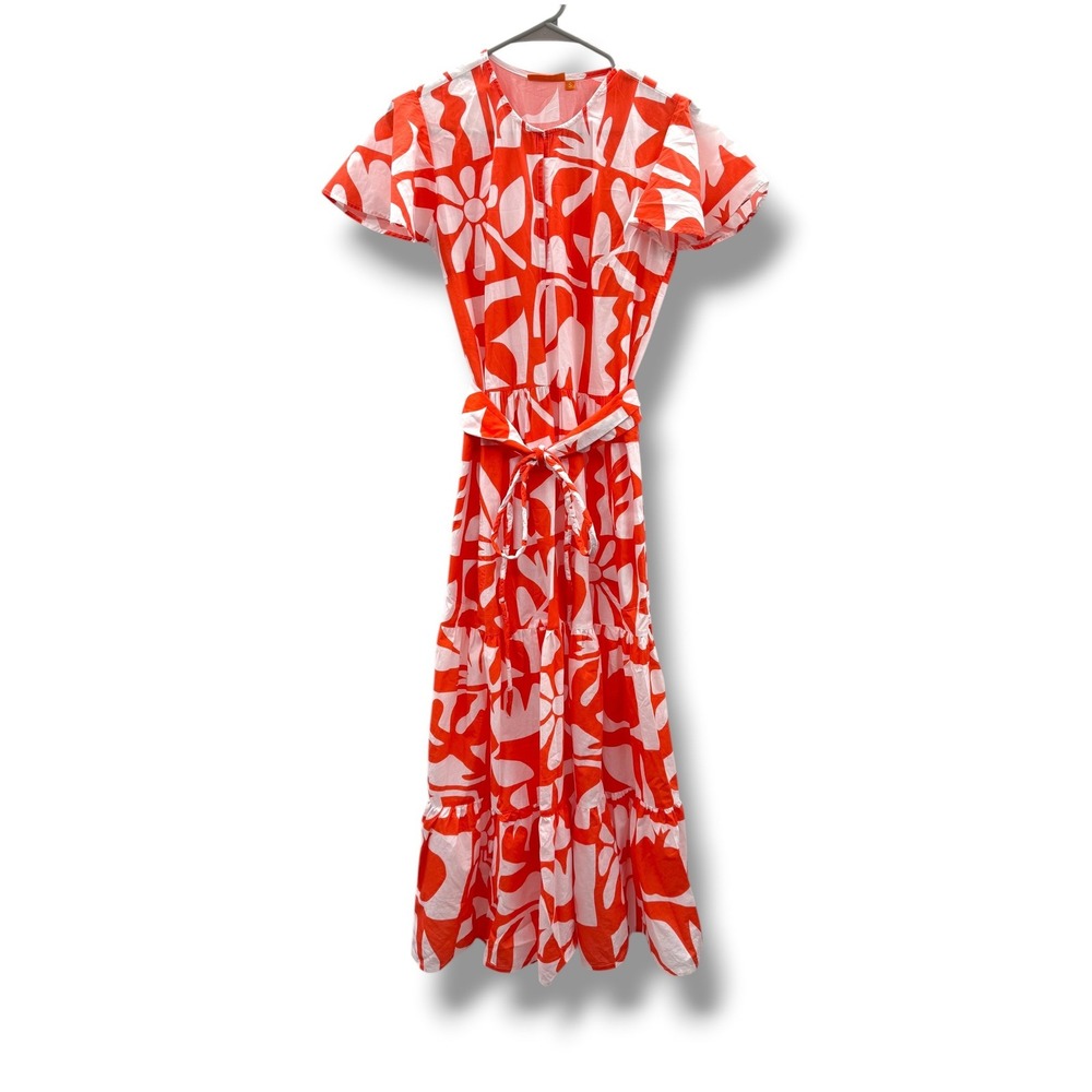 Oliphant Twiggy Dress‎ Orange Floral Midi Tiered Belted Resort Summer Small